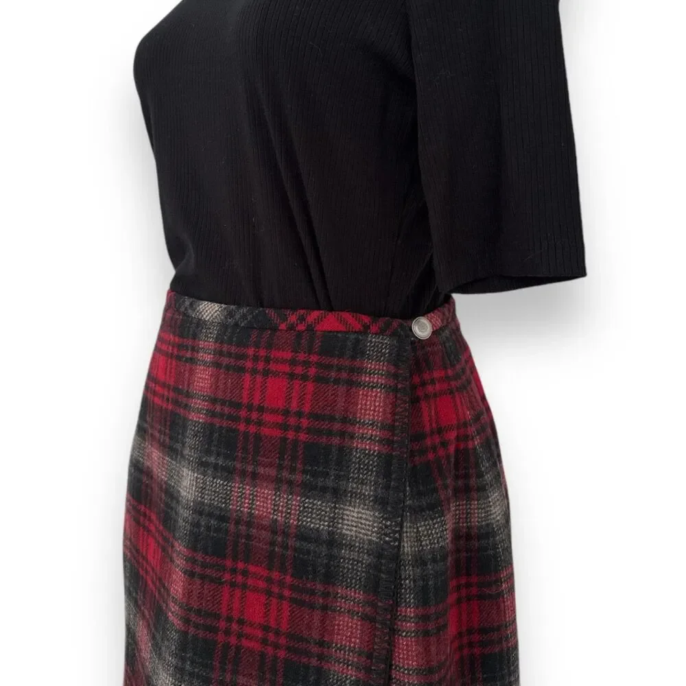 EDDIE BAUER Wool Plaid Wrap Skirt Wm Sz 4P Black, Red, Gray EUC VINTAGE Cabincor